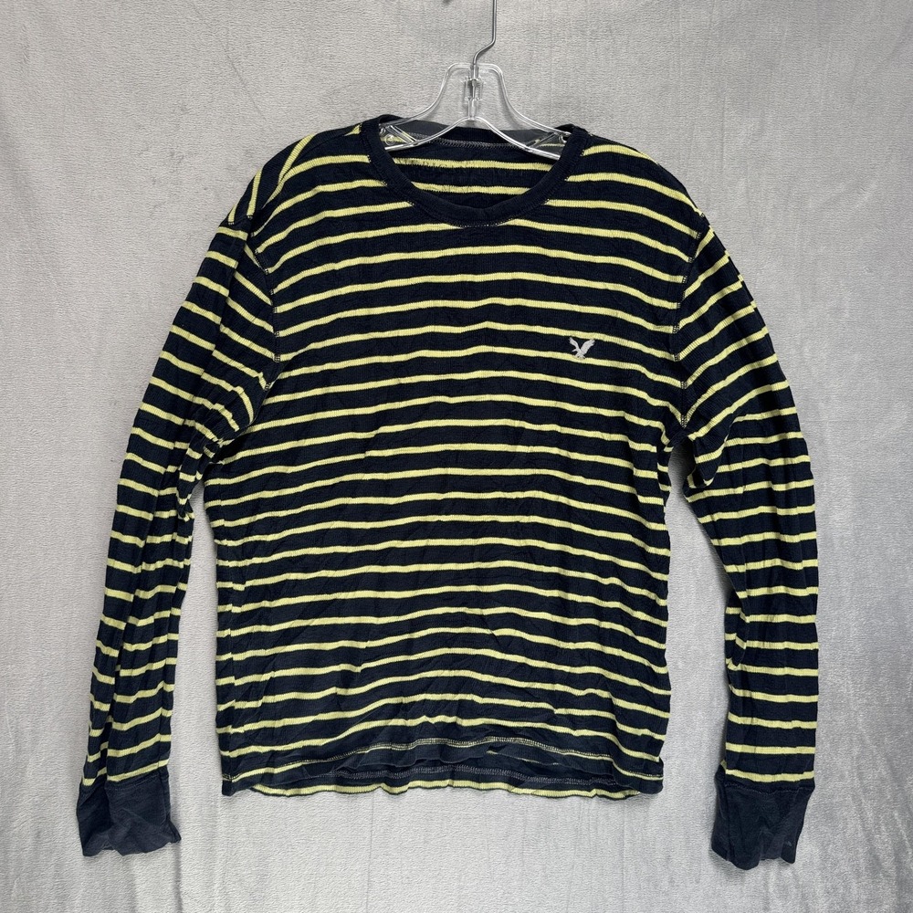 American Eagle Outfitters Sweater Mens Medium Black Stripe Waffle Knit Crewneck